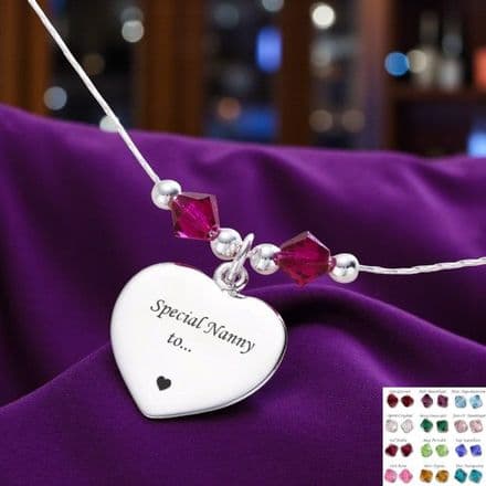 Engraved Silver Heart with Birthstones Necklace