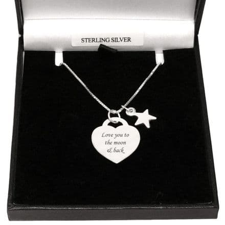 Engraved Sterling Silver Heart Necklace with Star