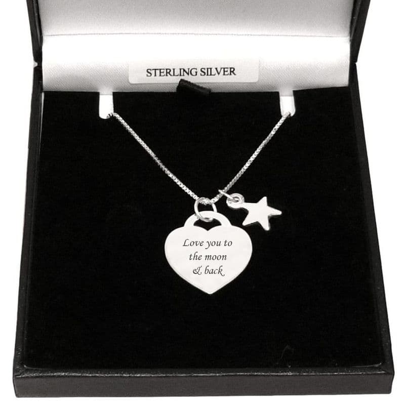 Engraved Sterling Silver Heart Necklace with Star | Someone Remembered