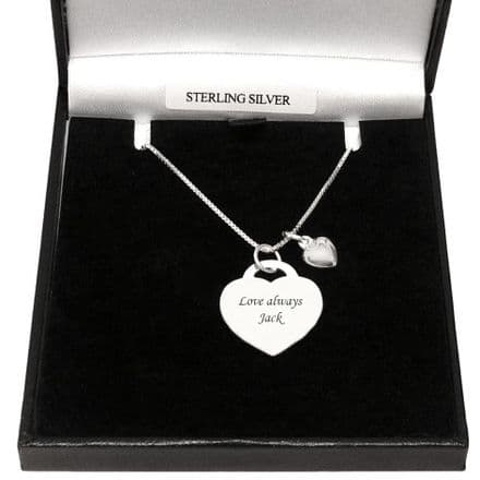 Engraved Sterling Silver Heart Necklace with Tiny Heart