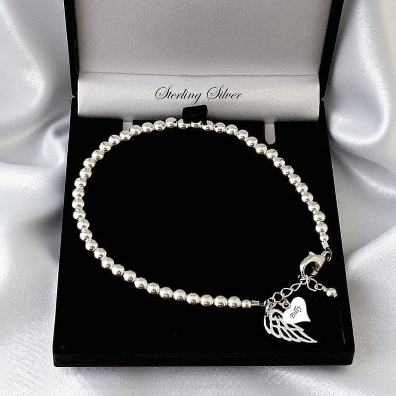 Engraved Tag Bracelet with Angel Wing, Sterling Silver | Someone Remembered