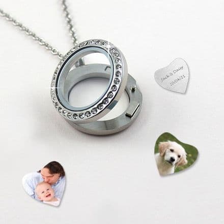 Glass Memory Locket with Floating Photo Charm and Engraving