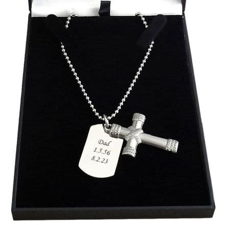 Man's Silver Steel, Dog Tag Necklace & Large Cross, Engraved