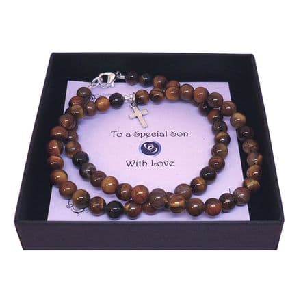 Man's Tigers Eye Beads Necklace with Cross Gift Boxed, Brown Beads
