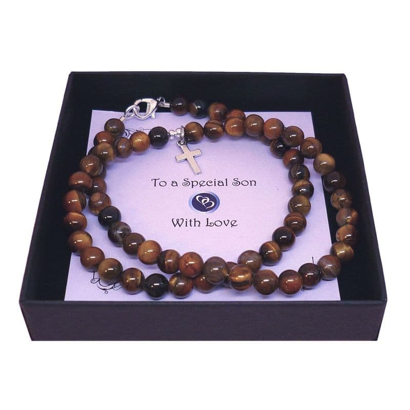 Man's Tigers Eye Beads Necklace with Cross Gift Boxed, Brown Beads | Someone Remembered