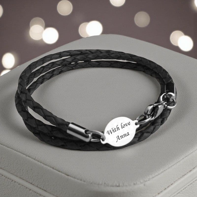 Mans Leather memorial Bracelet with Engraving | Someone Remembered