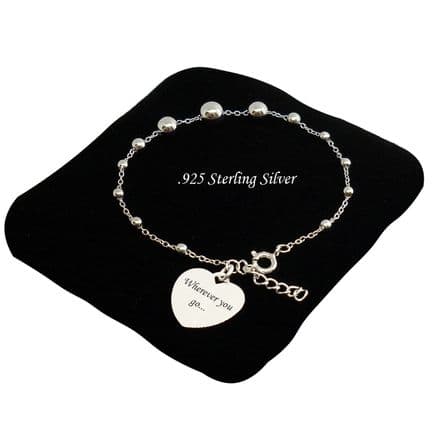 Memorial Bracelet, Engraved Heart, Silver Beads