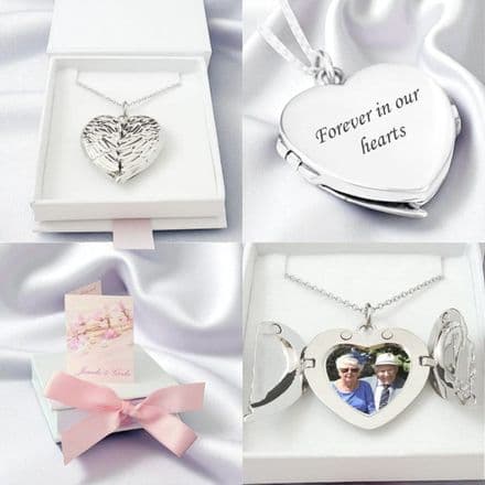 Memorial Heart Locket Necklace with Angel Wings and Any Photo