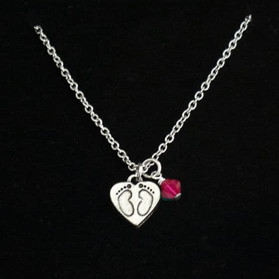 Memorial Necklace with Birthstone and Pewter Footprints Pendant | Someone Remembered