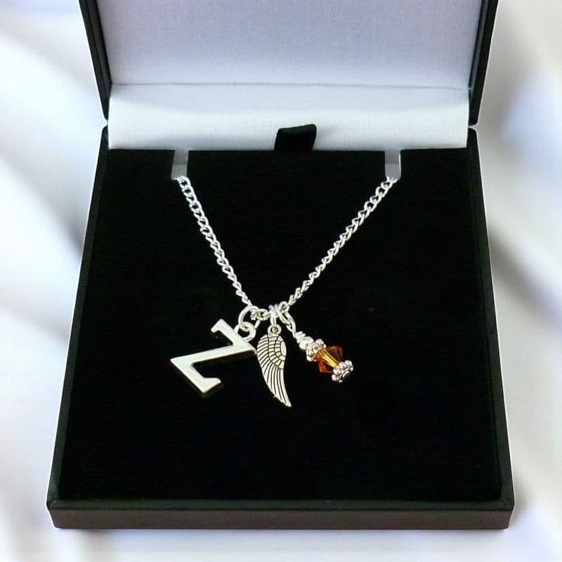 Memorial Necklace with Birthstone, Angel Wing and Letter Pendants  | Someone Remembered