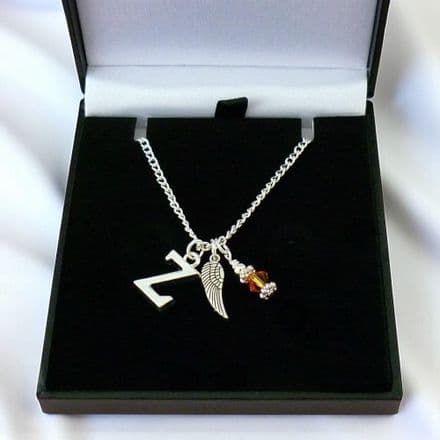 Memorial Necklace with Birthstone, Angel Wing and Letter Pendants