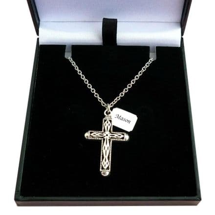 Memorial Necklace with Ornate Cross and Engraving