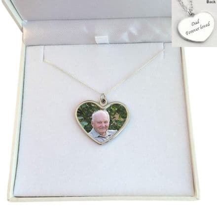 Memorial Necklace with Photo Heart Pendant, Sterling Silver Chain