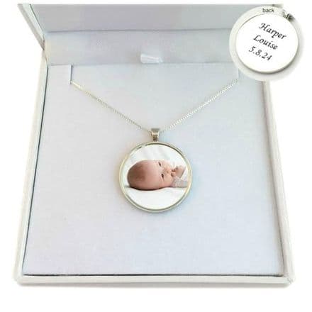 Memorial Necklace with Photo Round Pendant, Sterling Silver Chain