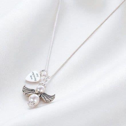 Pearl Angel Necklace with Engraved Heart Tag