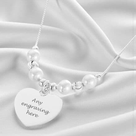 Pearl & Silver Engraved Heart Memorial Necklace