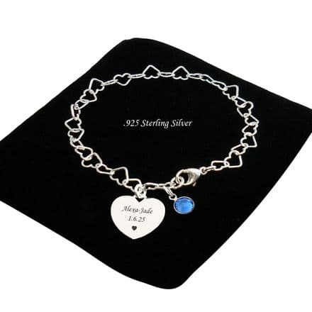 Personalised, Birthstone Charm Bracelet, 925 Sterling Silver, Any Engraving