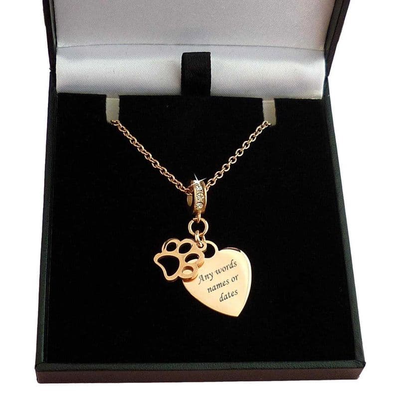 Personalised paw & Heart Necklace with Engraving, Rose Gold | Someone Remembered
