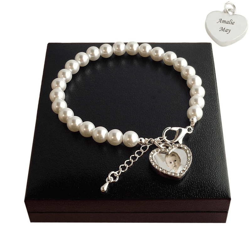 Personalised Photo Bracelet, Free Engraving, Many Pearl Colours | Someone Remembered