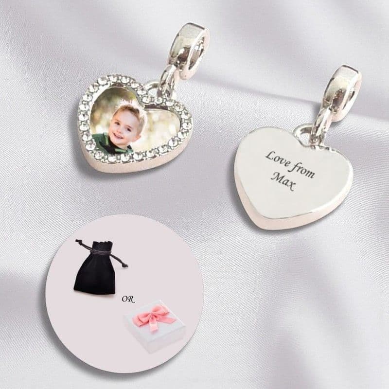 Personalised Photo Charm, Crystal Heart, European Style Bail | Someone Remembered