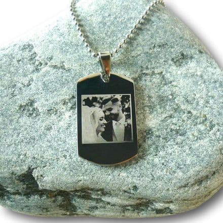 Personalised Photo Engraved Dogtag Necklace for Man or Boy, Any Words Engraved on the Back.