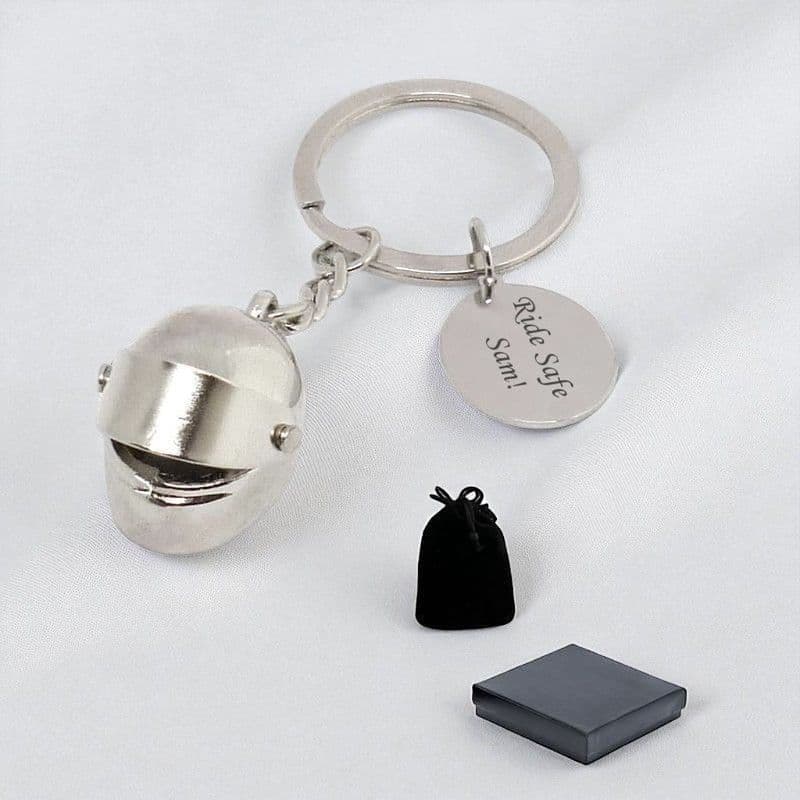 Personalised Silver Motorcycle Helmet Key Ring with Free Engraving | Someone Remembered