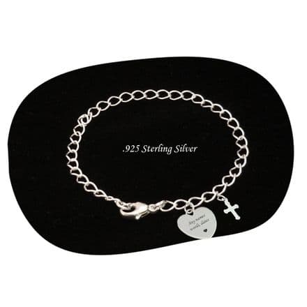 Personalised, Sterling Silver Bracelet with Cross and Heart