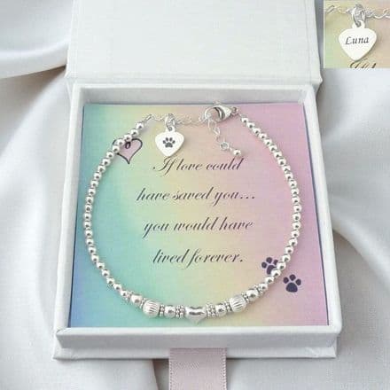Pet Loss Bracelet with Sterling Silver Beads and Personalised Engraving