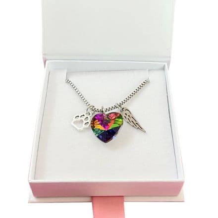 Rainbow Bridge Necklace with Paw, Wing and Sparkling Heart, Pet Loss, Cat, Dog