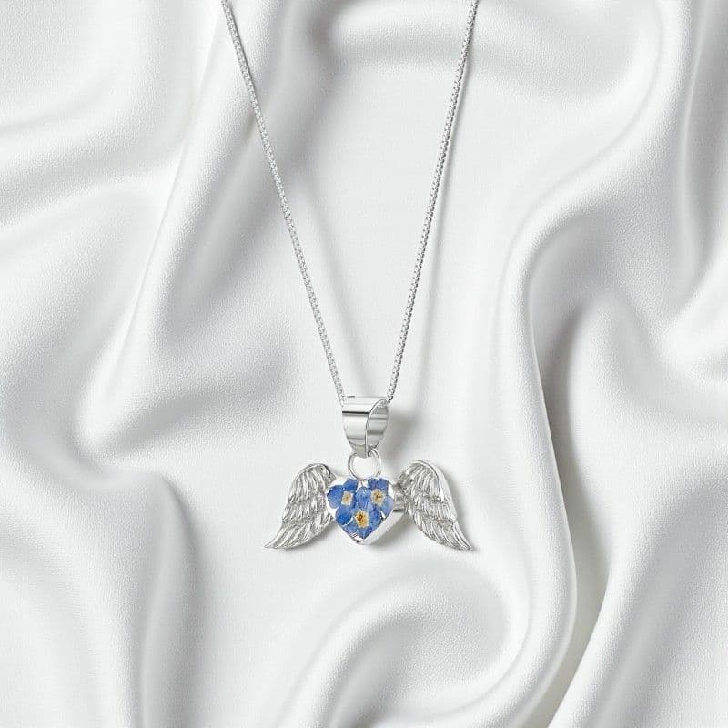 Remembrance Necklace, Forget Me Not Angel Wings (Optional Engraving) | Someone Remembered