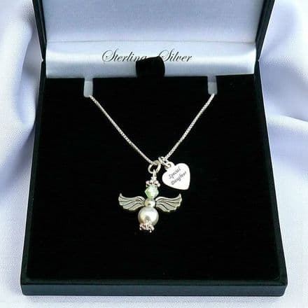 Sterling Silver Angel Necklace with Birthstone & Engraving