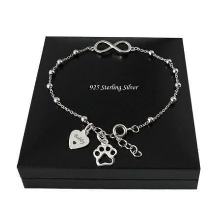 Sterling Silver Bracelet with Pets Name and Paw Charm