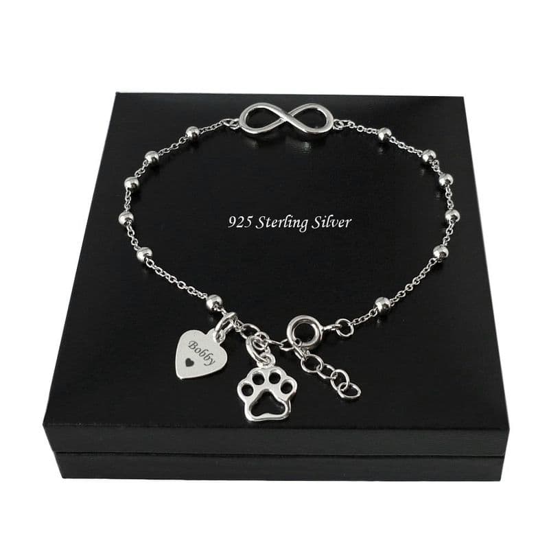 Sterling Silver Bracelet with Pets Name and Paw Charm | Someone Remembered