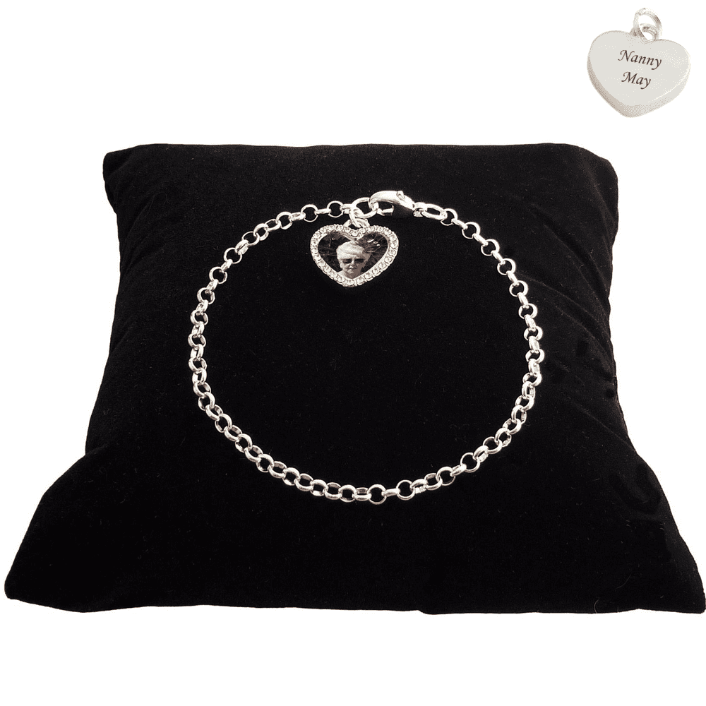 Sterling Silver Chain Bracelet with Any Photo, Engraved Charm Someone Remembered