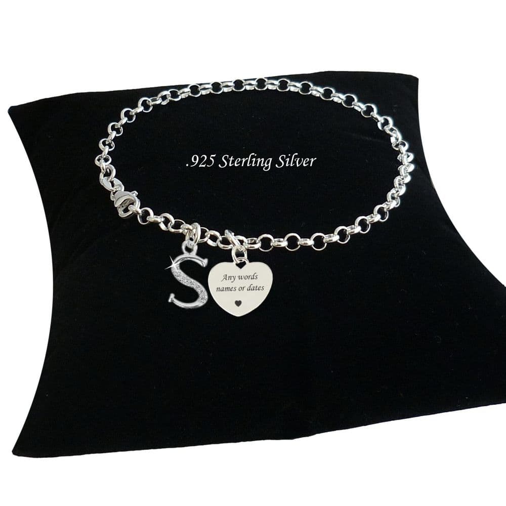 Sterling Silver Charm Bracelet with Personalised, Engraved Heart and ...