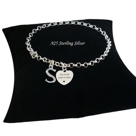 Sterling Silver Charm Bracelet with Personalised, Engraved Heart and Letter Charms