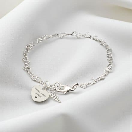 Sterling Silver Engraved Heart Bracelet with Angel Wing