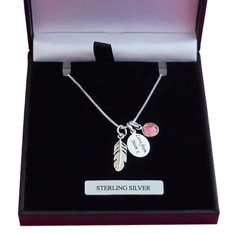 Sterling Silver Engraved Necklace with Feather & Birthstone | Someone Remembered
