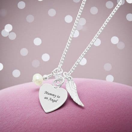 Wing and Pearl Engraved Heart Necklace