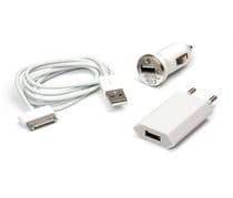CAR-221 Kit de Cargadores 3 en 1, red 100-240Vac mechero 12Vcc y cable de datos y carga iPHONE USB