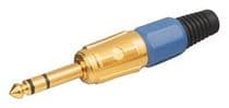 CNE-15119/Z Conector jack 6,3mm macho estereo metal dorado capuchon azul