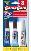PG-008 Pegamento Goma Gom super adhesivo instantaneo, gel y limpiador pack 3 tubos