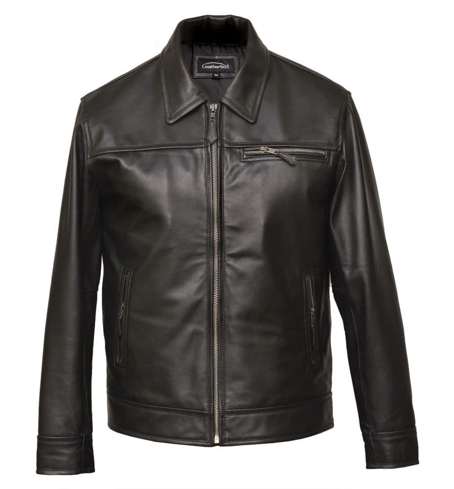 Haku - Men's Leather Harrington Jacket in Black Nappa