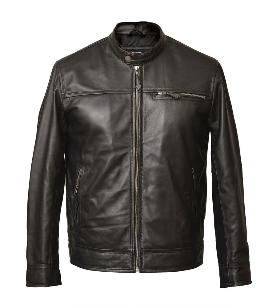 Men's Zipped Leather Harrington Jacket in Black Nappa - Noa