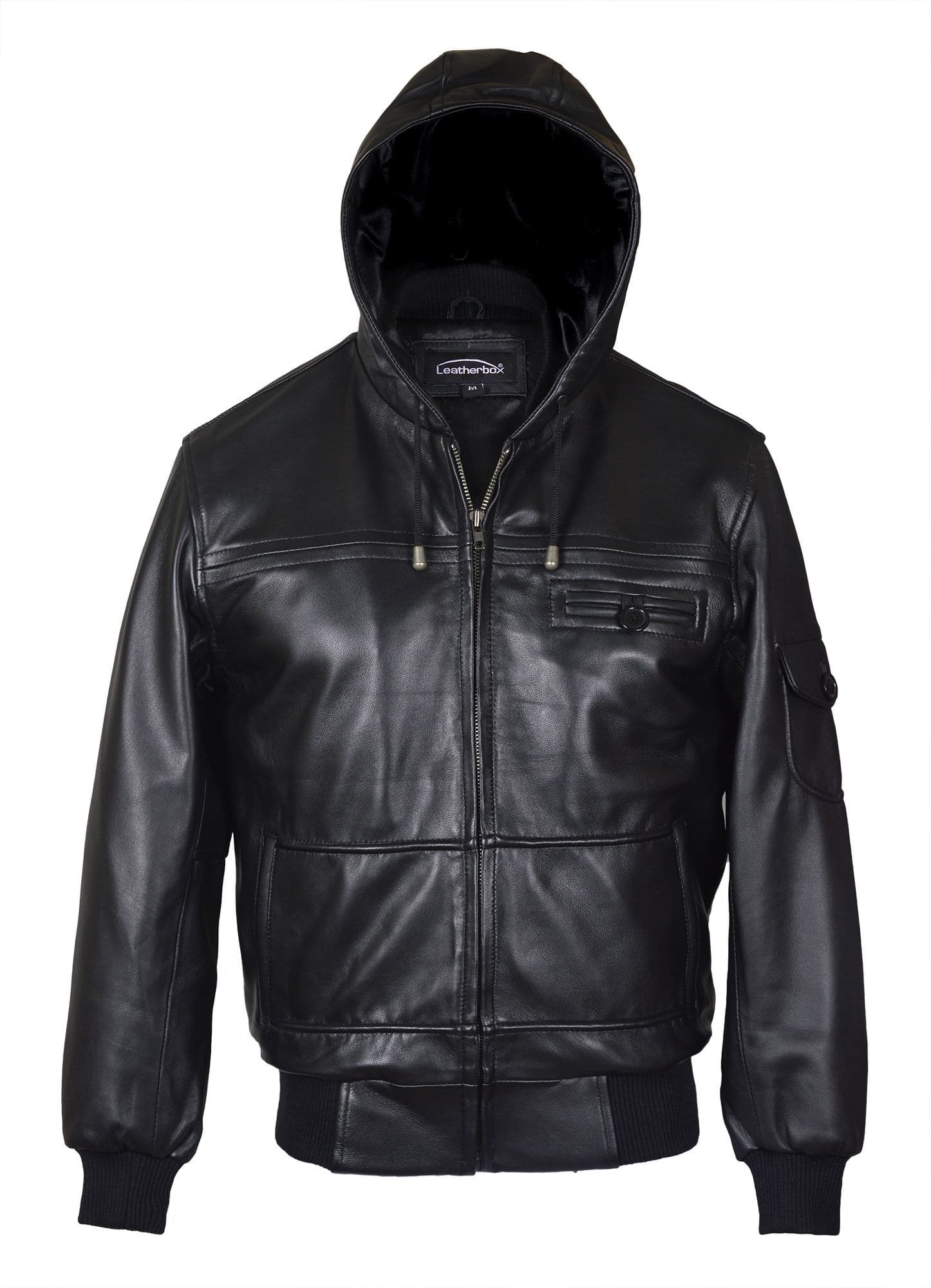 【BALR.】2way HOODED LEATHER BOMBER JACKET Black Leather Motorcycle Jacket|Mens Biker Leather Jacket|Men|LONGFORD