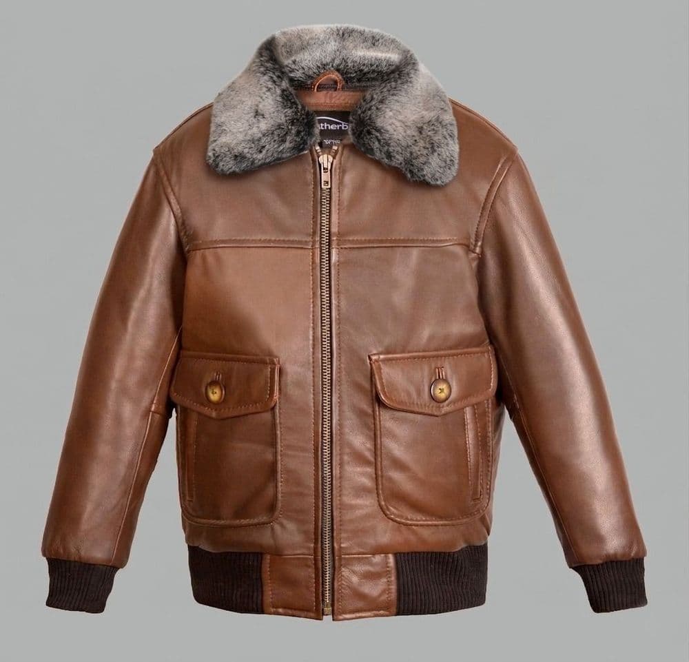 Skyline - Children's Leather Jacket (Brown - Grey Fur)