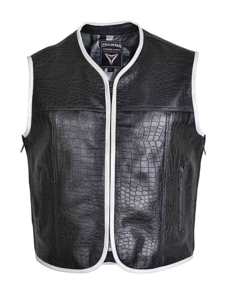 Sobek - Leather Motorcycle Waistcoat (Black, Embossed Crocodile, White Trim)