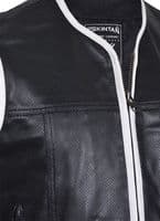 Sobek - Leather Motorcycle Waistcoat (Black, Perforated, White Trim)