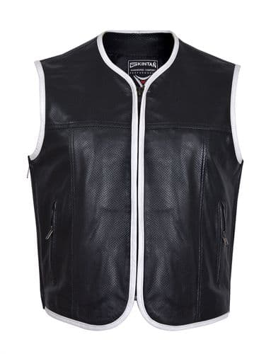 Sobek - Leather Motorcycle Waistcoat (Black, Perforated, White Trim)