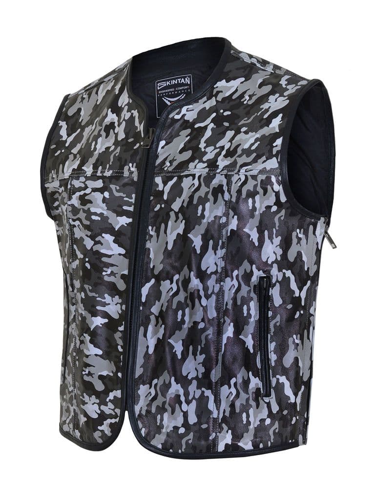 Yokata - Men's  Leather  Motorcycle Waistcoat (White Camouflage)